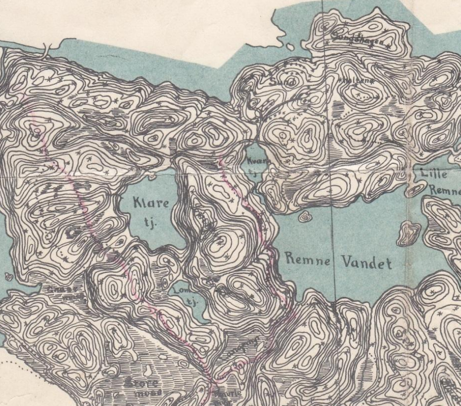 Klartjern og Remnevannet på gammelt kart